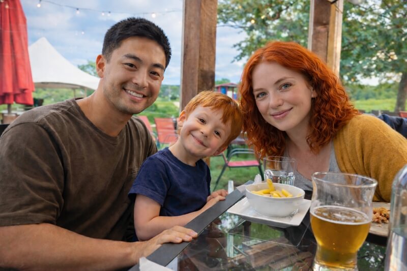 Family enjoying dinner and drinks at Bent Ridge Winery and Brewery near Windsor Nova Scotia