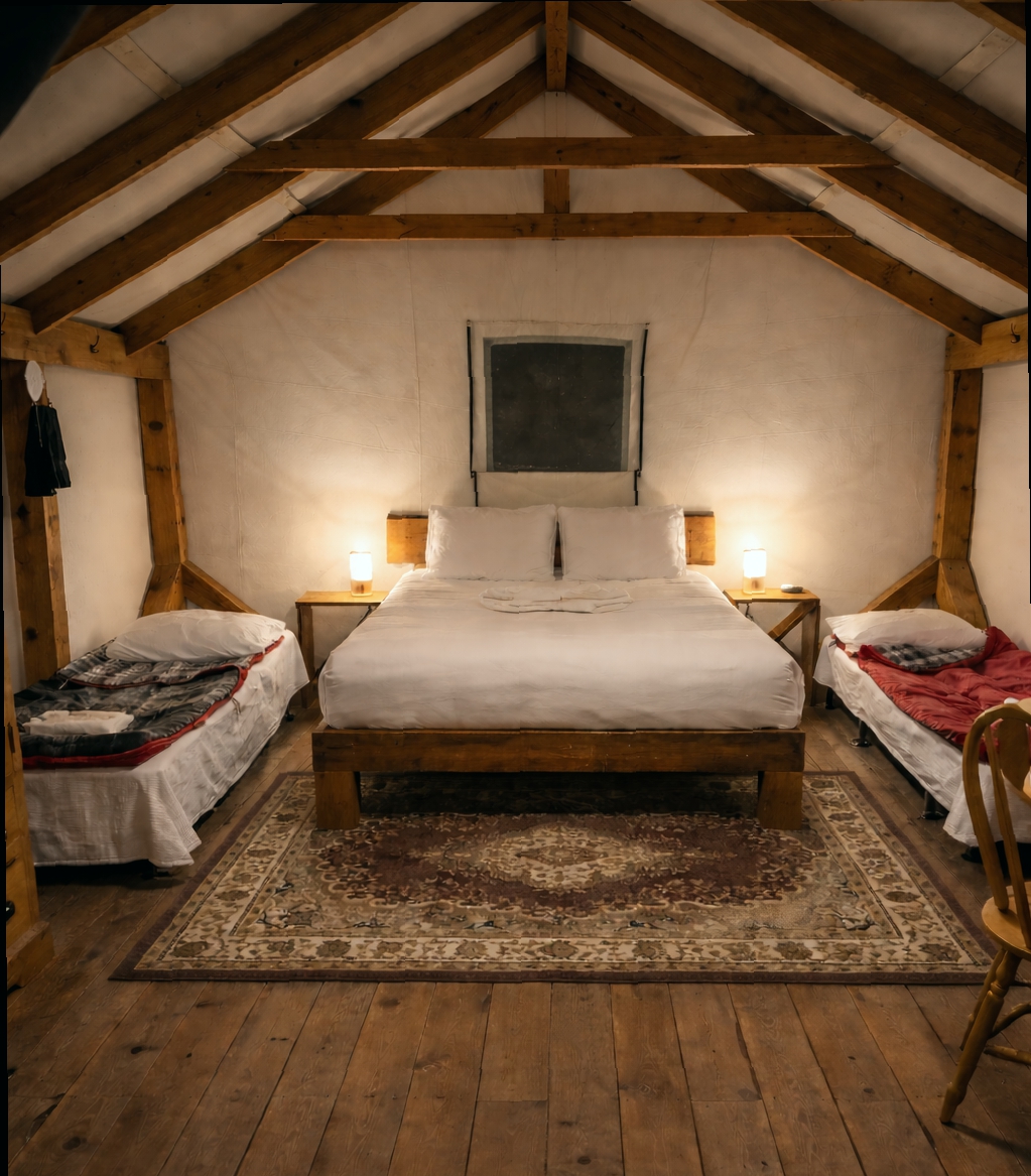 Glamping tent interior with queen bed and two twin beds sleeping up to 4 guests in Nova Scotia