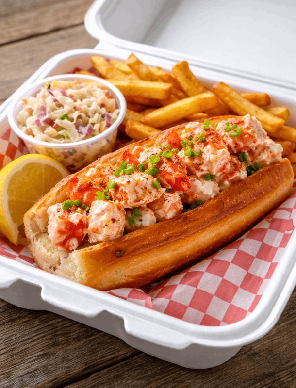 Fresh lobster roll with fries and coleslaw served on the Halifax Waterfront